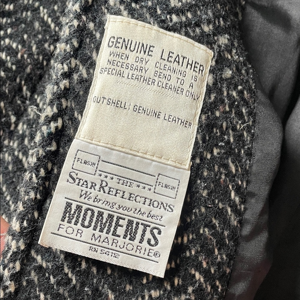 Vintage Women's Black and White Wool and Leather Herringbone Coat - Picture 2 of 6